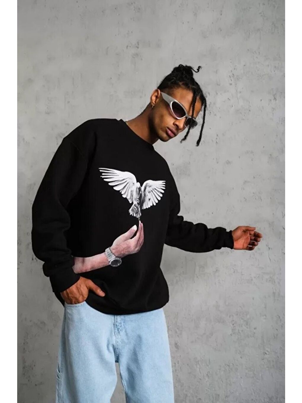 Erkek Güvercin Baskılı Sweatshirt - Siyah-3