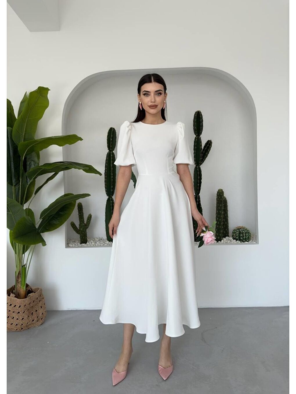 Ekru Catania Balon Kol Elbise-2