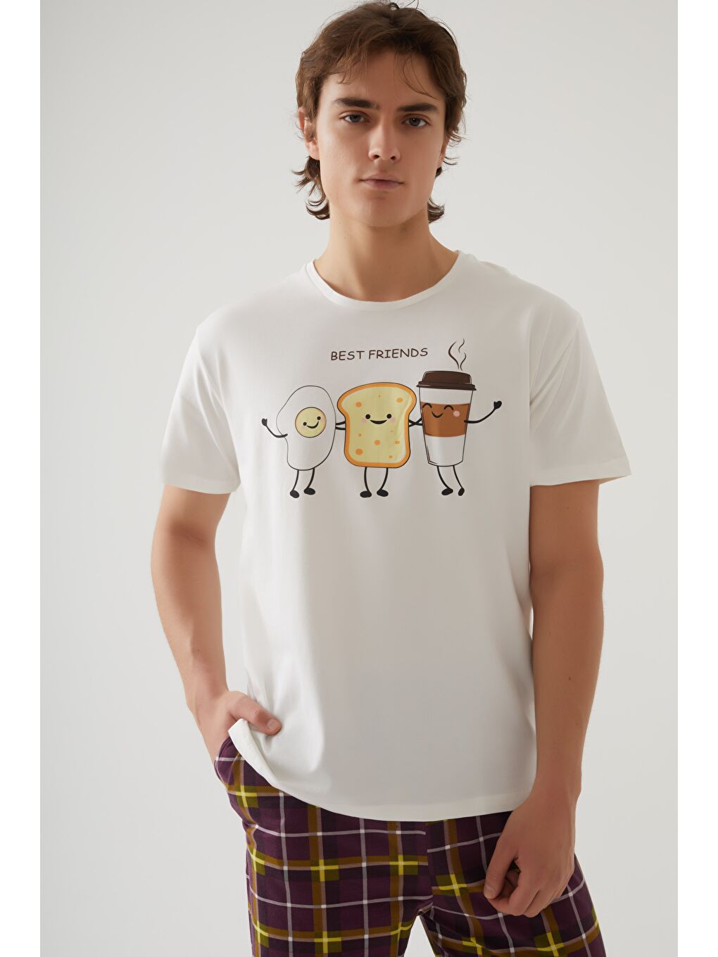 Lila Erkek Kısa Kollu Pamuklu Ekose Desenli Breakfast Baskılı %100 Pamuk Pijama Takımı-3