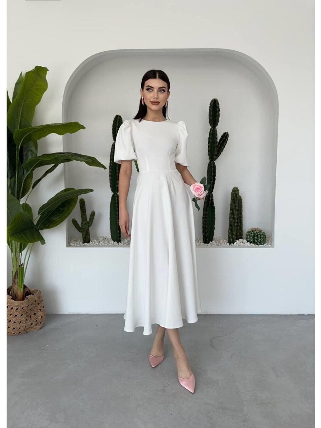 Ekru Catania Balon Kol Elbise-4