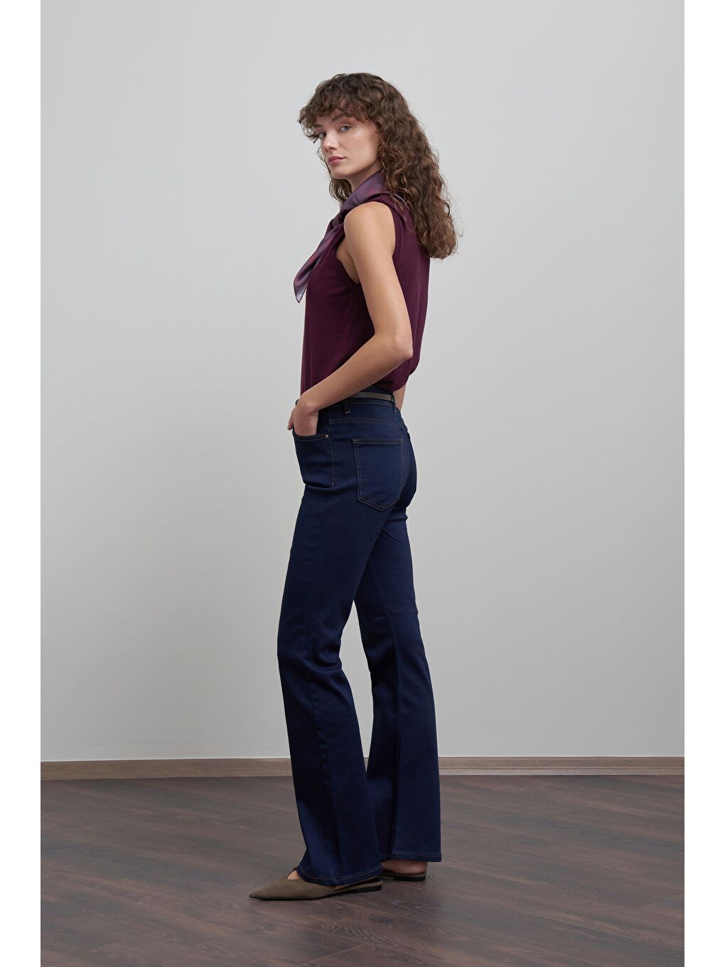 Mavi-Orta Bel Flare Paça Jean Pantolon-2