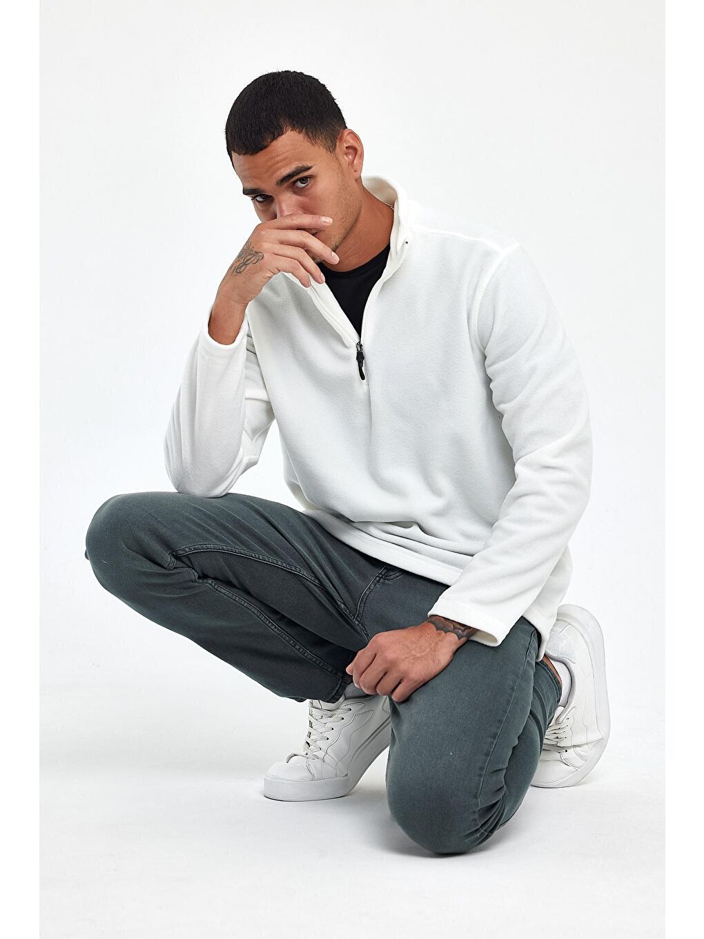 Ekru Erkek Rahat Kalıp Softech Polar Yarım Fermuarlı Sweatshırt spr24pw20-4