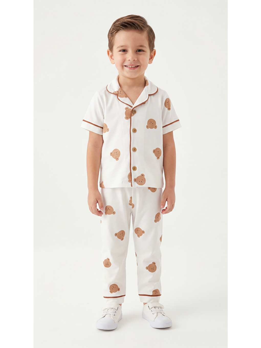 Beyaz Ayıcık Baskılı Erkek Çocuk Pijama Takım