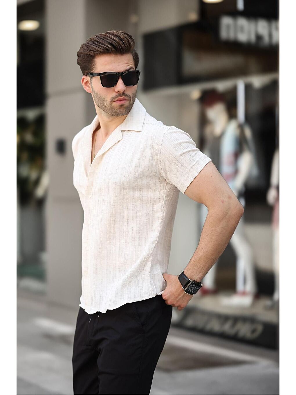 Bej Erkek Yazlık Elastanlı Slim Fit Gömlek Yaka Kısa Kollu Gömlek