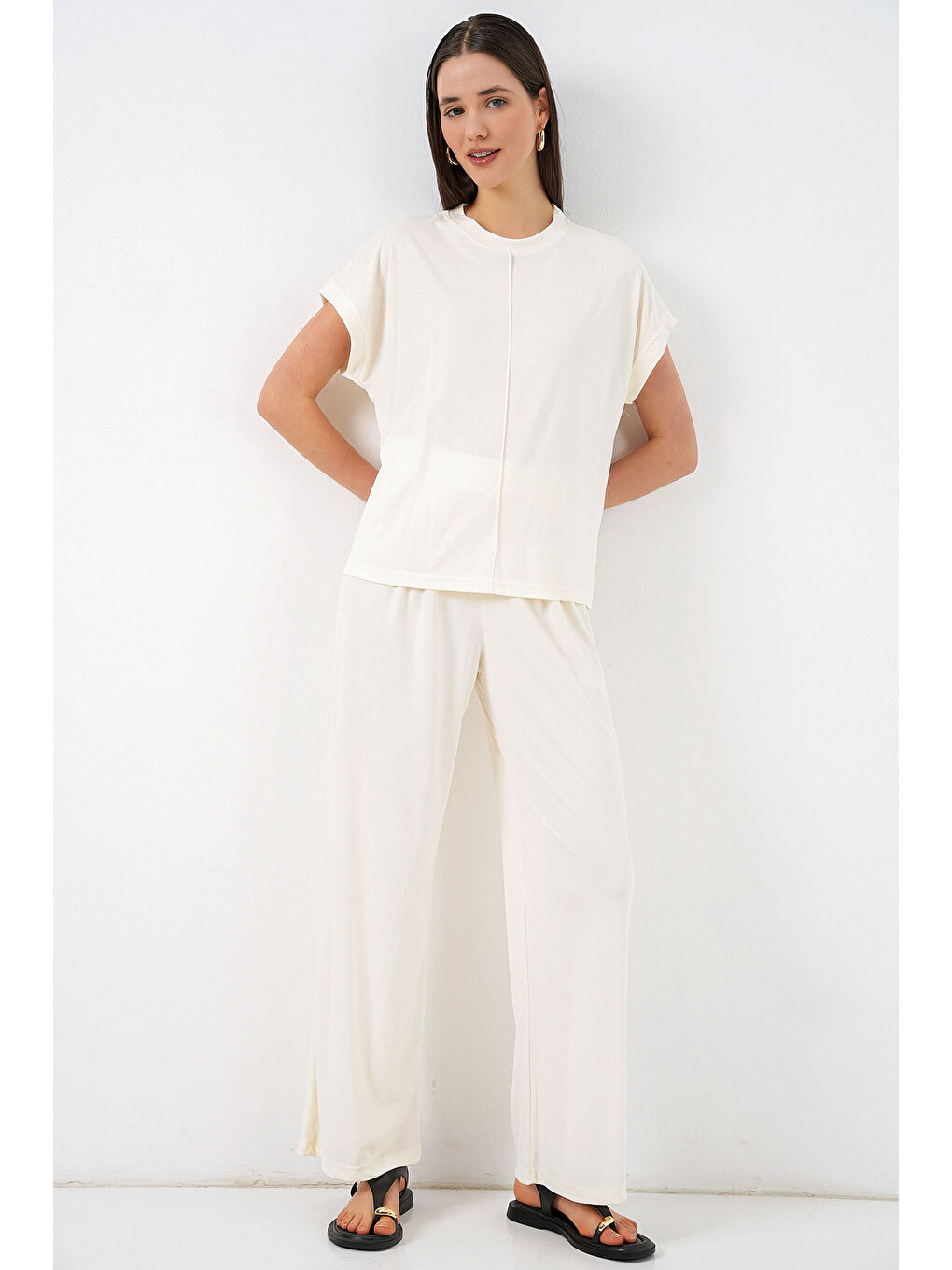 Kadın Örme Bluz Pantolon İkili Takım 30085 - Beyaz