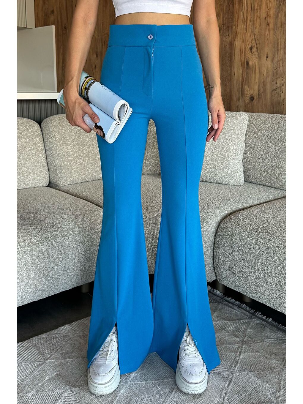 Mavi Paça Yırtmaçlı Palazzo Slim Fit Kumaş Pantolon-1