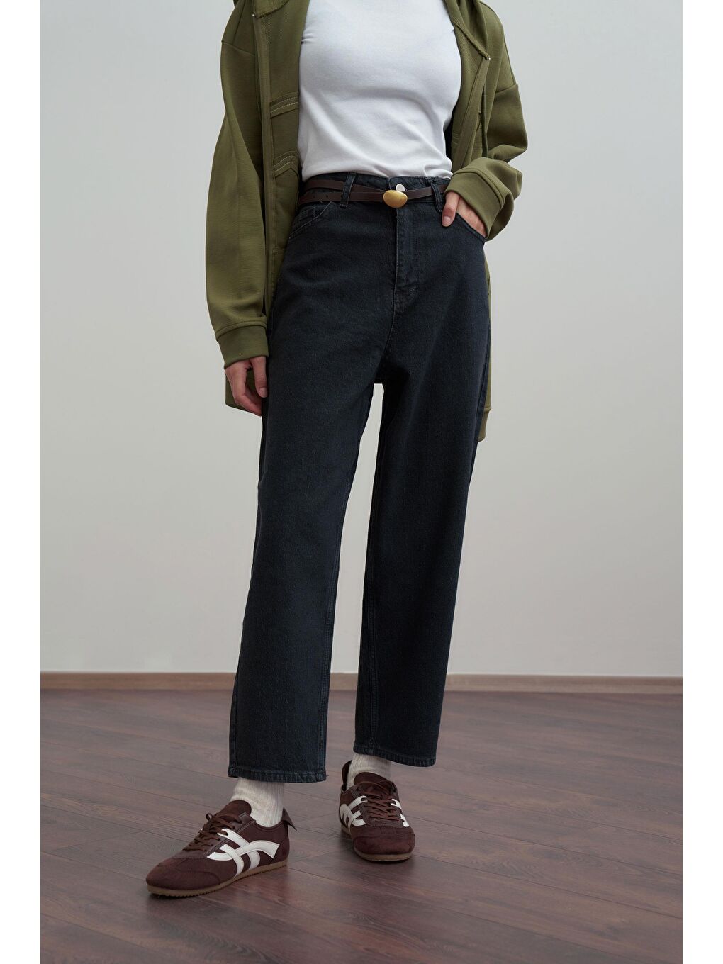 Antrasit-Yüksek Bel Mom Paça Jean Pantolon-2