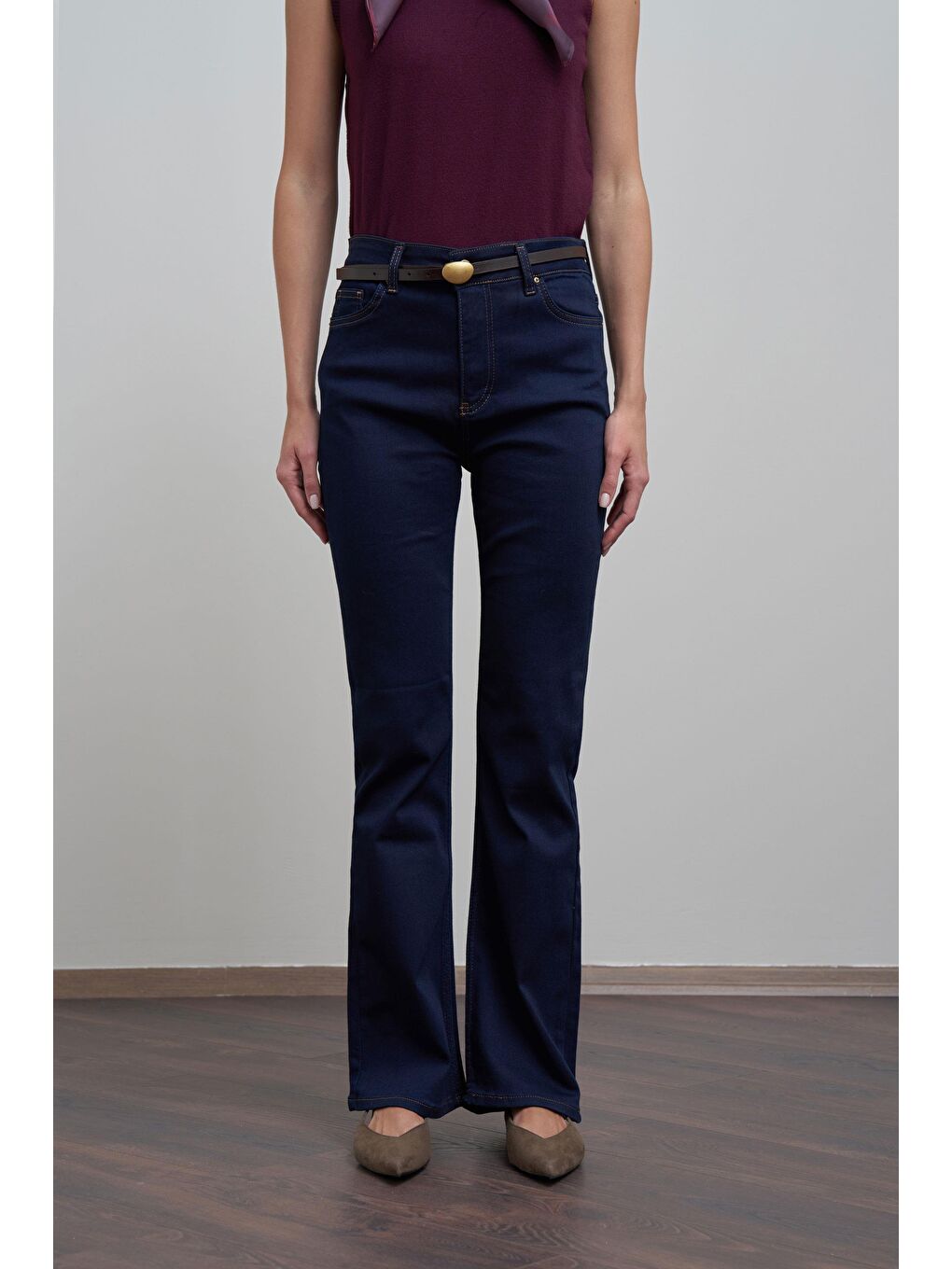 Mavi-Orta Bel Flare Paça Jean Pantolon-4