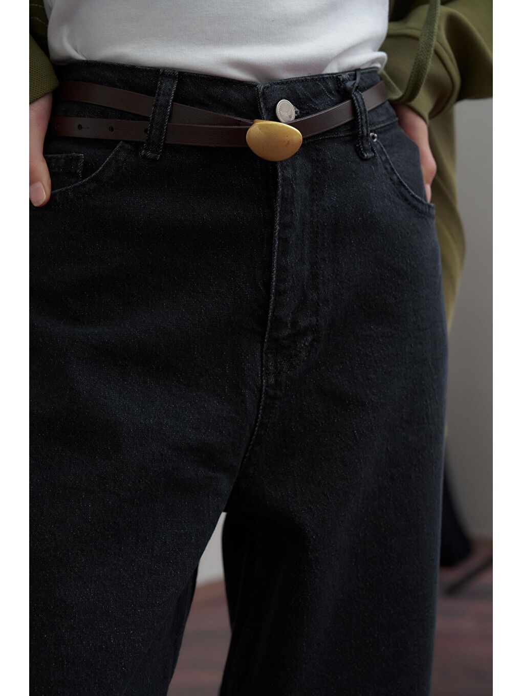 Antrasit-Yüksek Bel Mom Paça Jean Pantolon-4