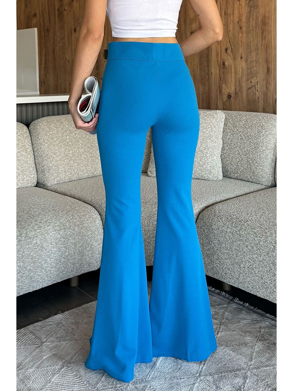 Mavi Paça Yırtmaçlı Palazzo Slim Fit Kumaş Pantolon-2