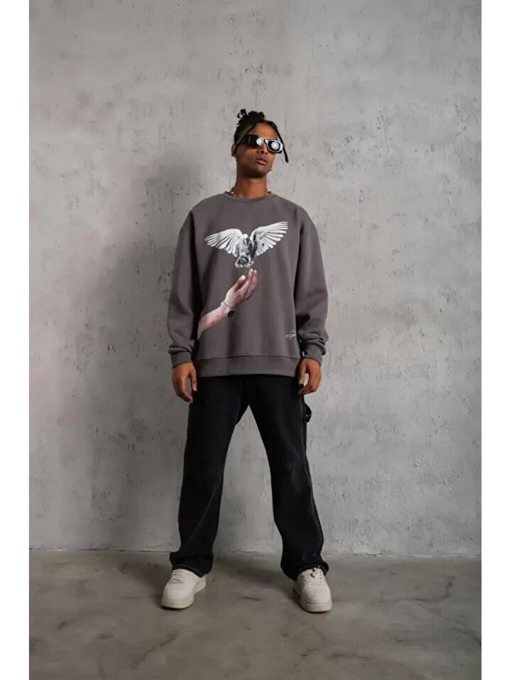 Erkek Güvercin Baskılı Sweatshirt - Gri-1