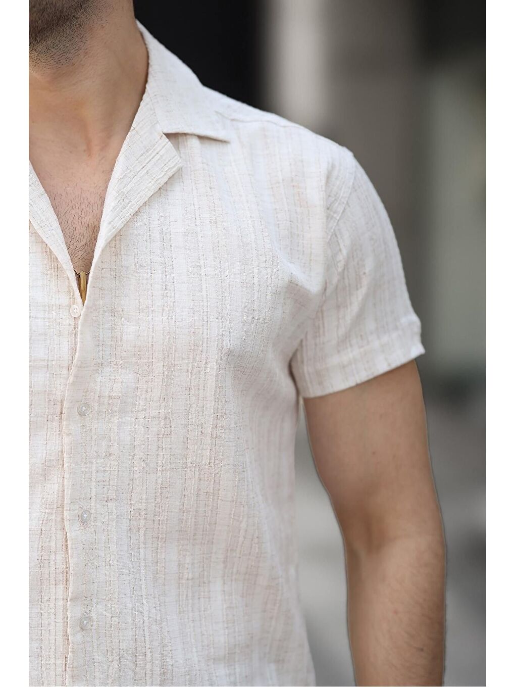 Bej Erkek Yazlık Elastanlı Slim Fit Gömlek Yaka Kısa Kollu Gömlek-1