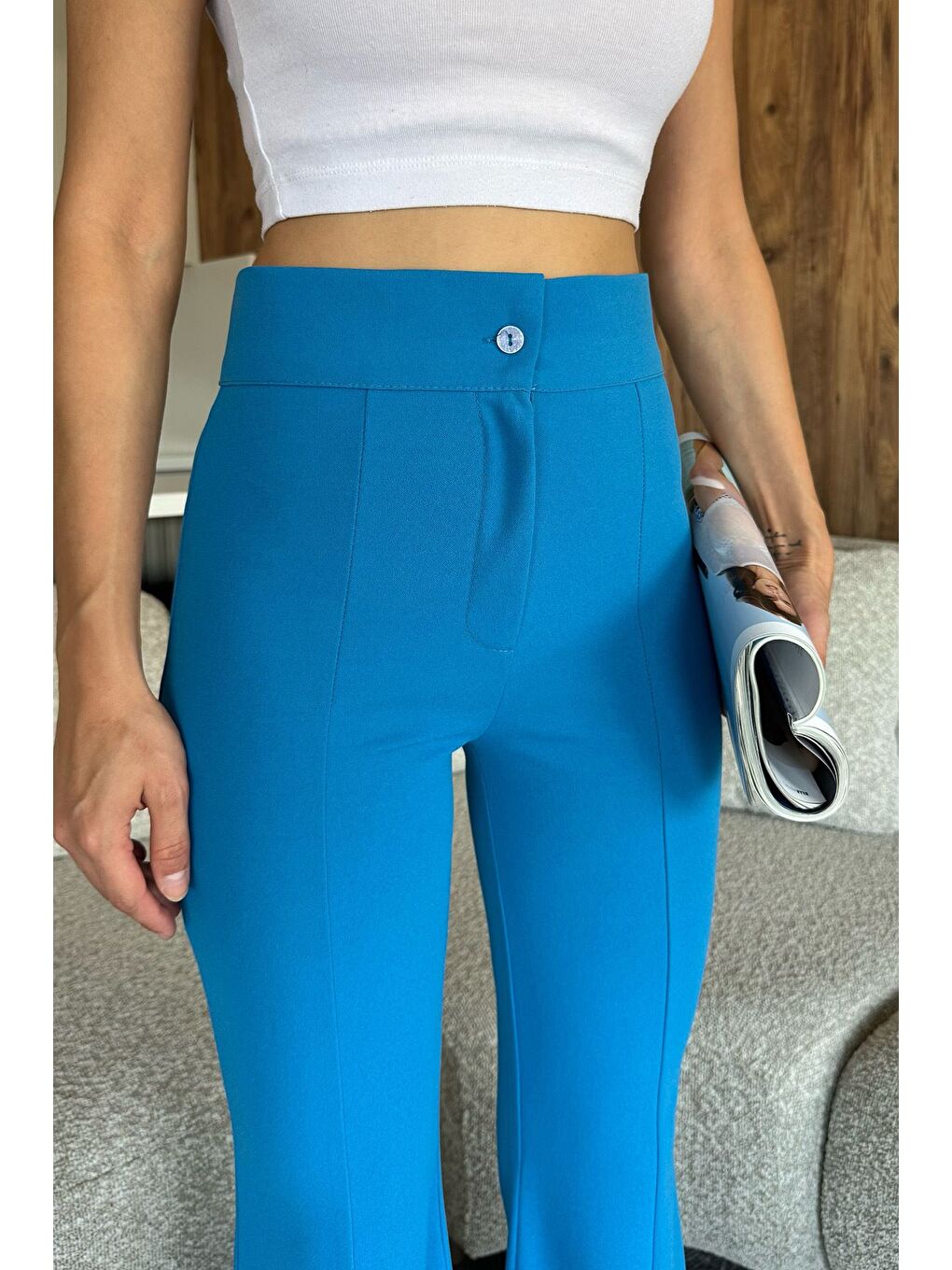 Mavi Paça Yırtmaçlı Palazzo Slim Fit Kumaş Pantolon-3