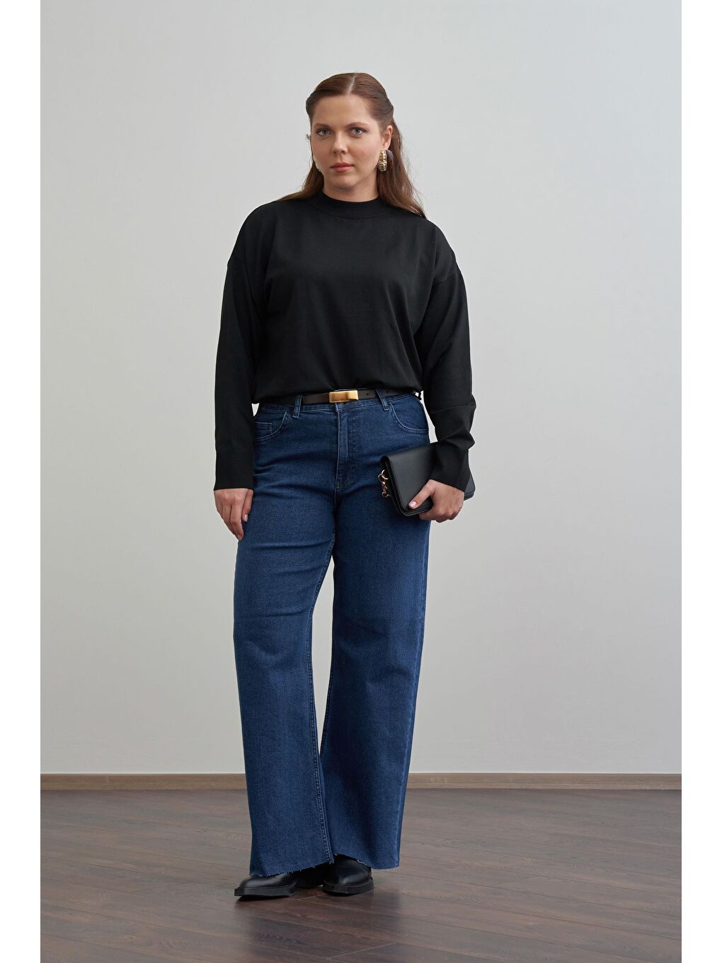 Koyu Mavi-Yüksek Bel Geniş Paça Jean Pantolon