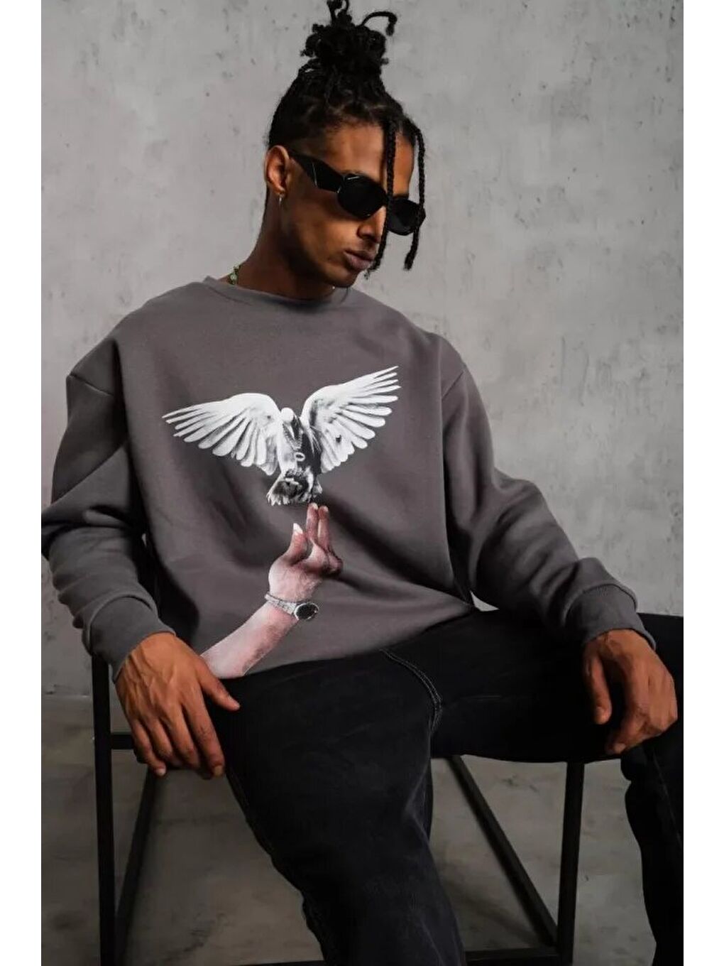 Erkek Güvercin Baskılı Sweatshirt - Gri-3