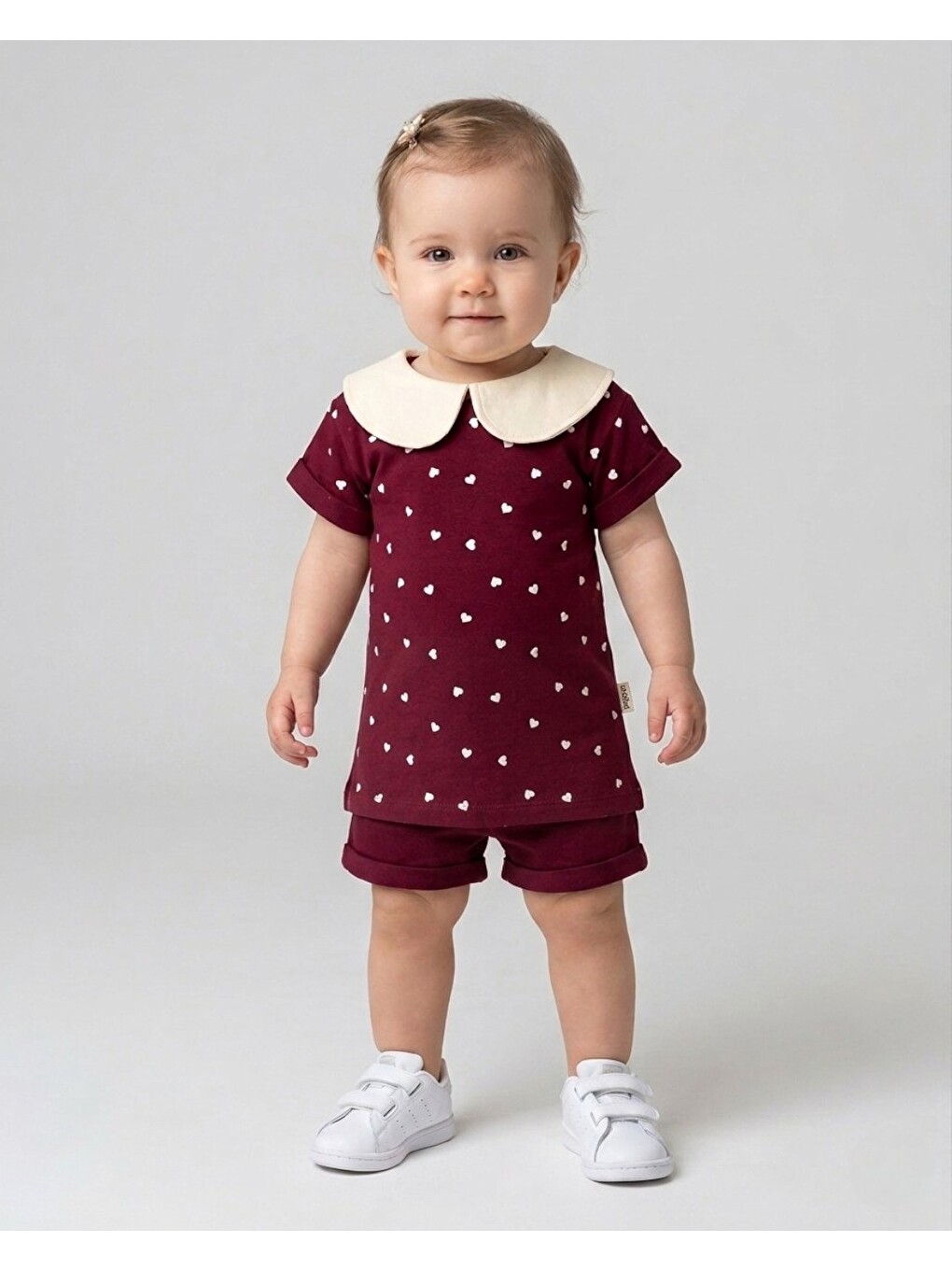Mürdüm Kız Bebek Kalp Baskılı Bebe Yakalı 6-9-12-18-24 Aylık Bayramlık Şortlu Bebek Takımı
