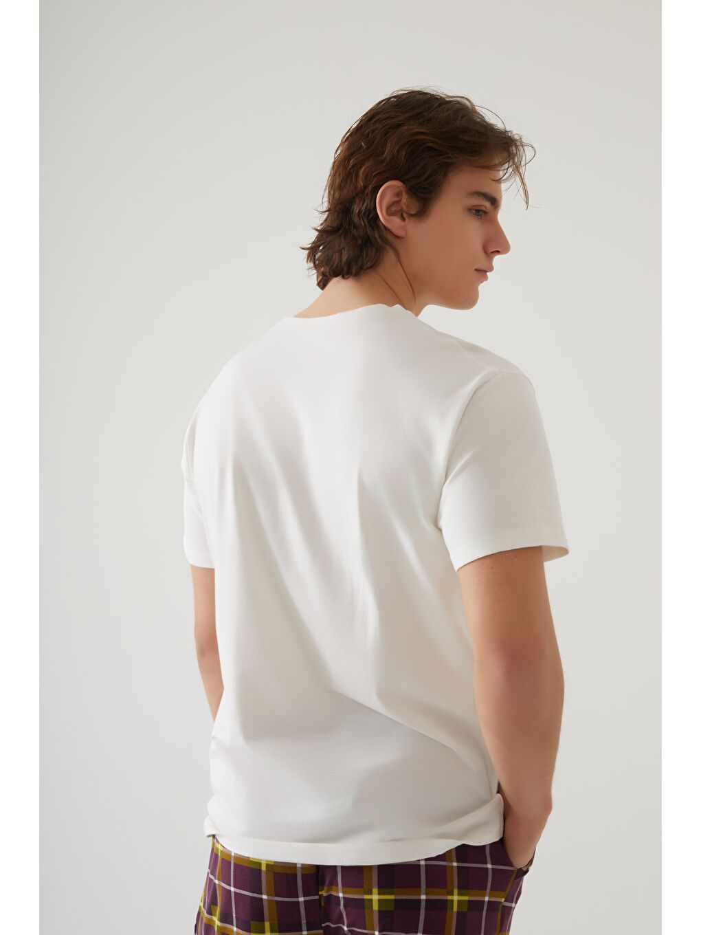 Lila Erkek Kısa Kollu Pamuklu Ekose Desenli Breakfast Baskılı %100 Pamuk Pijama Takımı-4