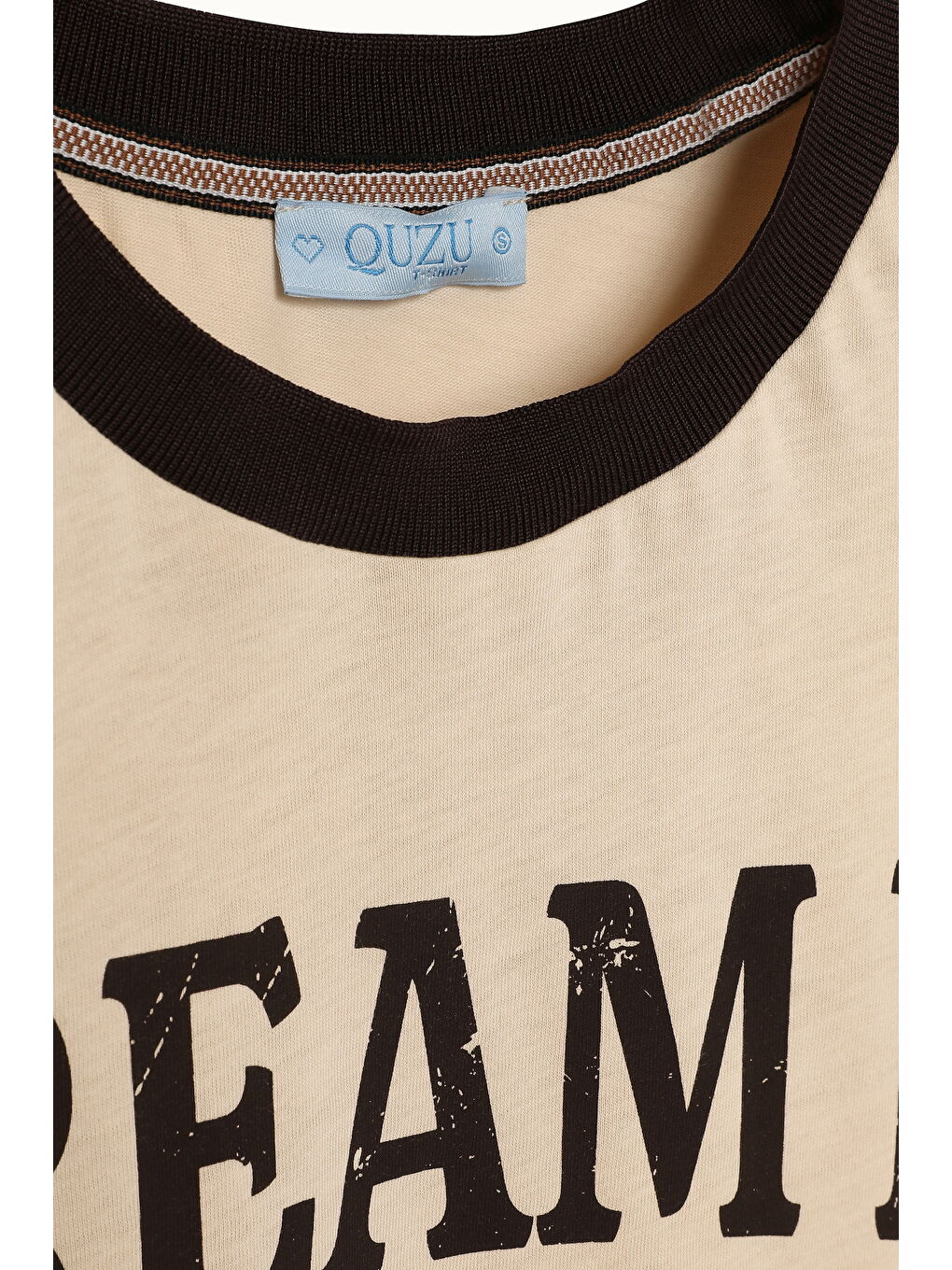 Biye Yakalı Baskılı Tişört Bej-1