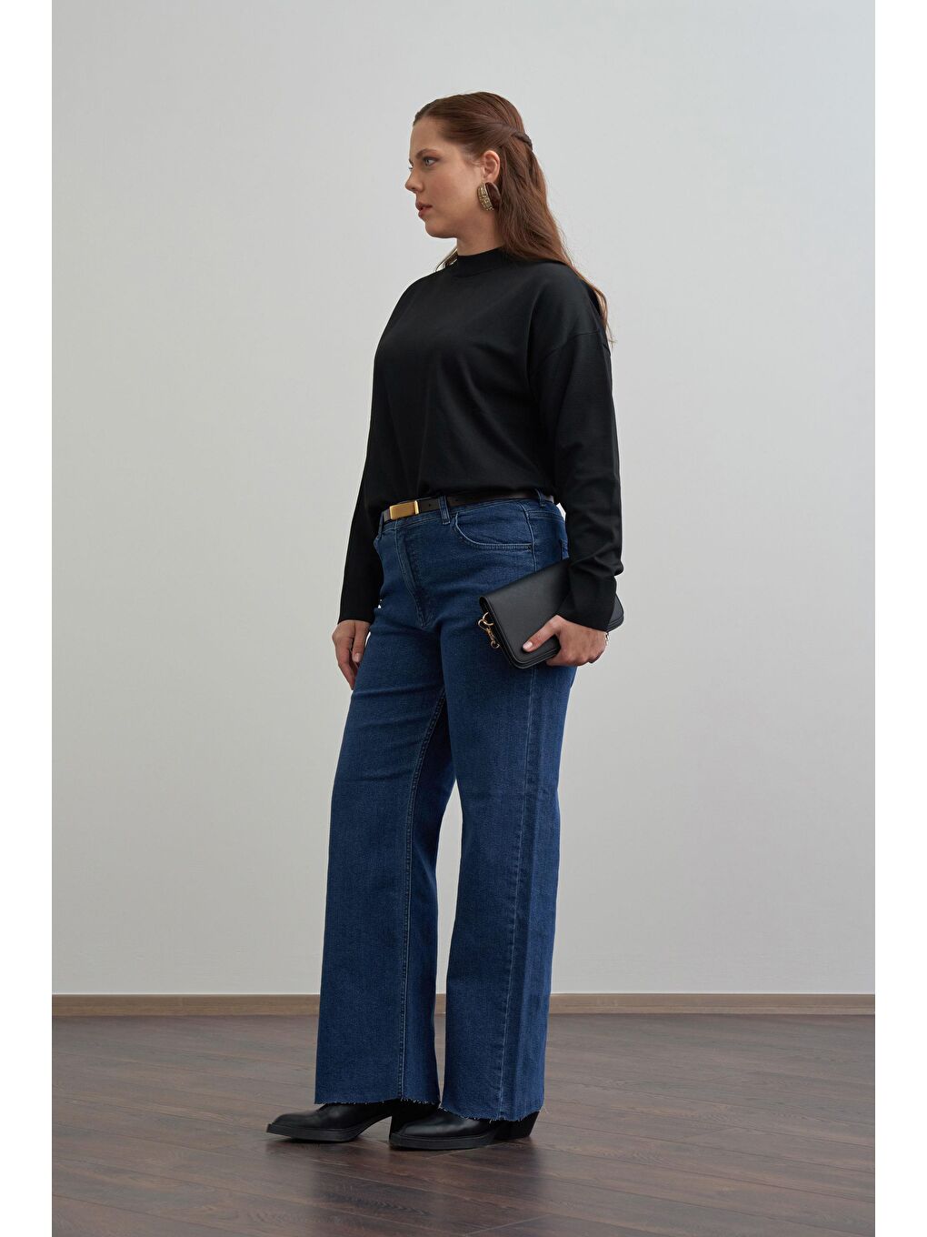 Koyu Mavi-Yüksek Bel Geniş Paça Jean Pantolon-1