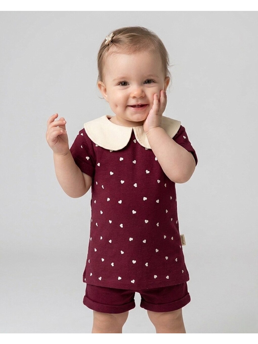 Mürdüm Kız Bebek Kalp Baskılı Bebe Yakalı 6-9-12-18-24 Aylık Bayramlık Şortlu Bebek Takımı-1