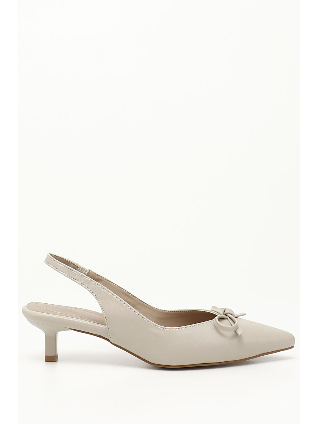 Bej Kadın TEN Kısa İnce Topuklu Fiyonklu Arkası Açık Ayakkabı