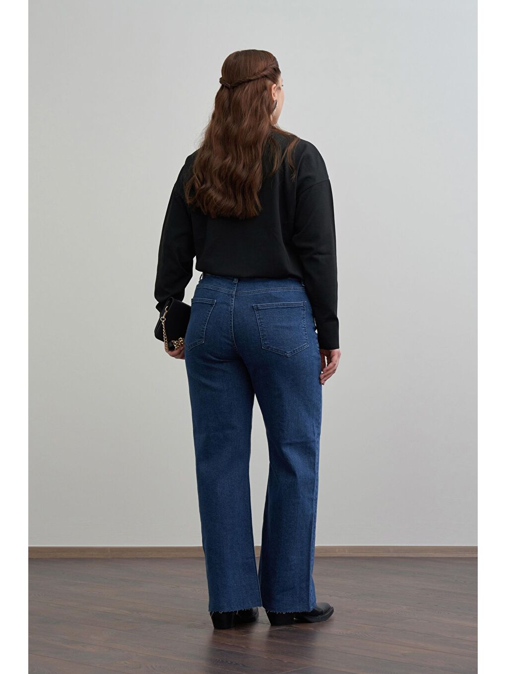 Koyu Mavi-Yüksek Bel Geniş Paça Jean Pantolon-2