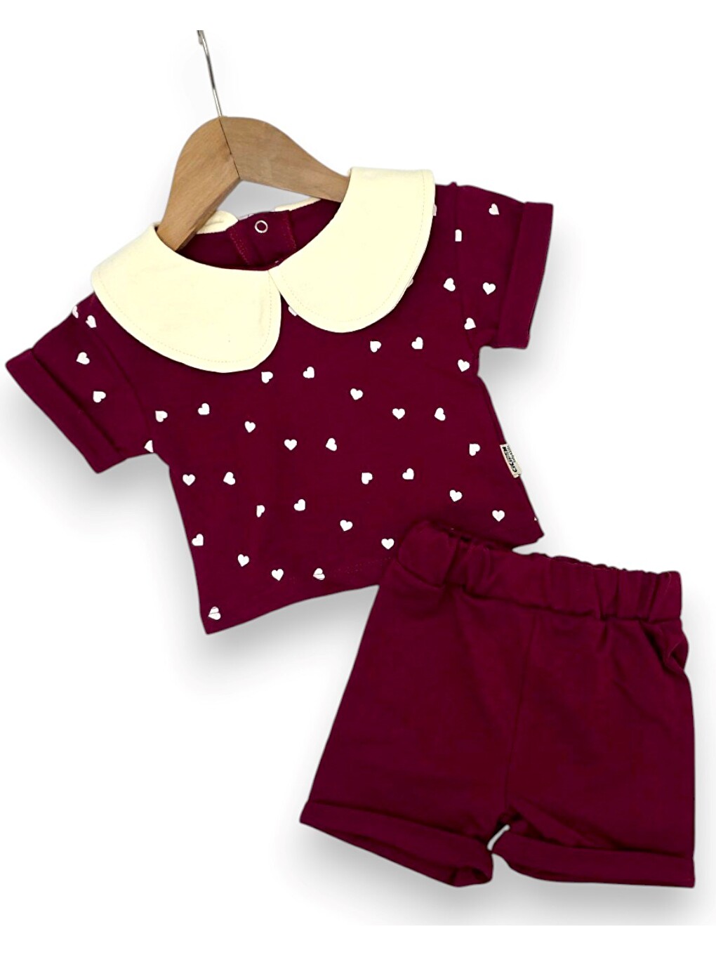 Mürdüm Kız Bebek Kalp Baskılı Bebe Yakalı 6-9-12-18-24 Aylık Bayramlık Şortlu Bebek Takımı-3