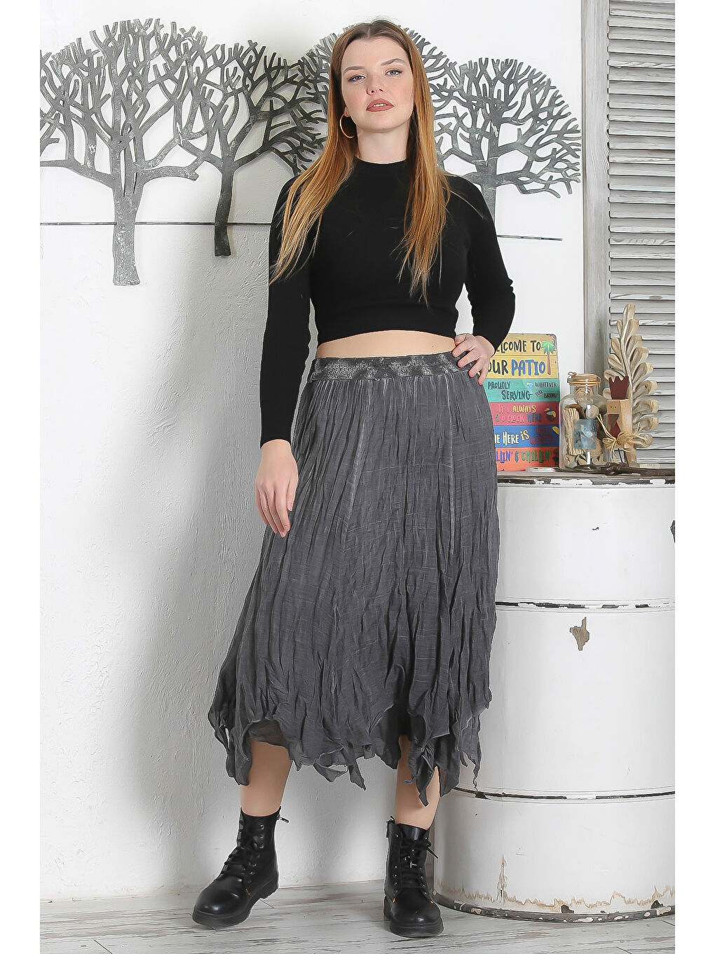 Gri Astarlı Yıkamalı Lastikli Bel Casual Asimetrik Dokuma Etek-1