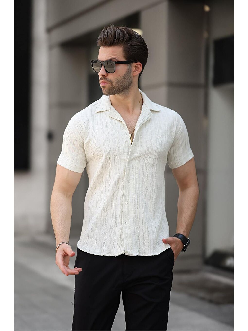 Yeşil Erkek Yazlık Elastanlı Slim Fit Gömlek Yaka Kısa Kollu Gömlek