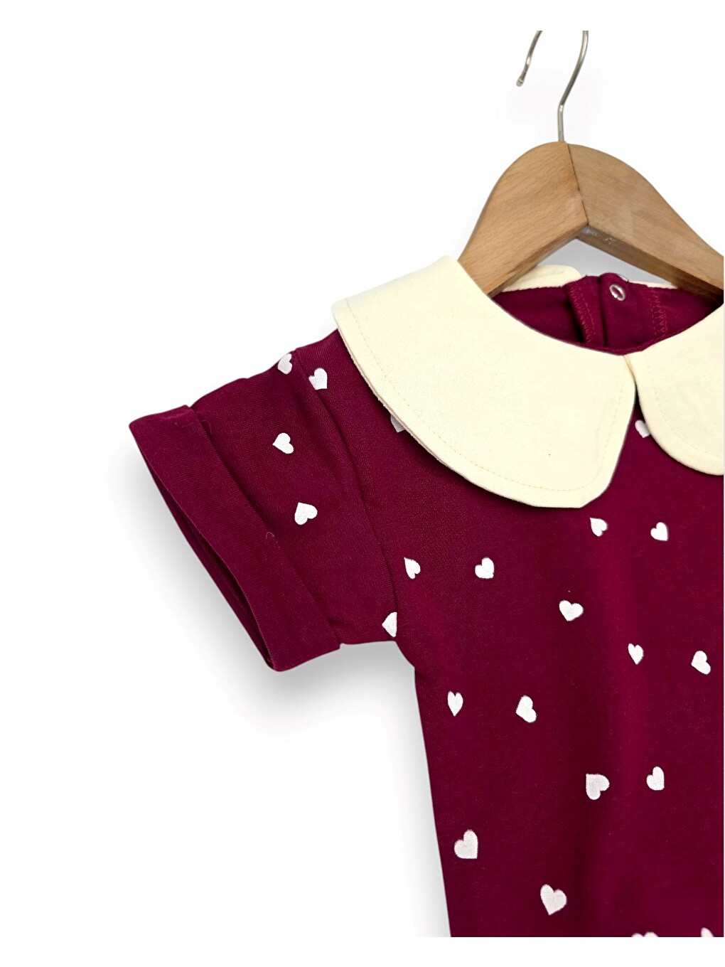 Mürdüm Kız Bebek Kalp Baskılı Bebe Yakalı 6-9-12-18-24 Aylık Bayramlık Şortlu Bebek Takımı-4