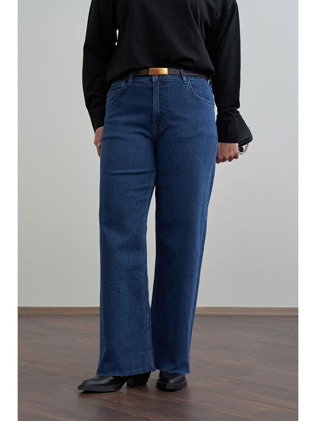 Koyu Mavi-Yüksek Bel Geniş Paça Jean Pantolon-3