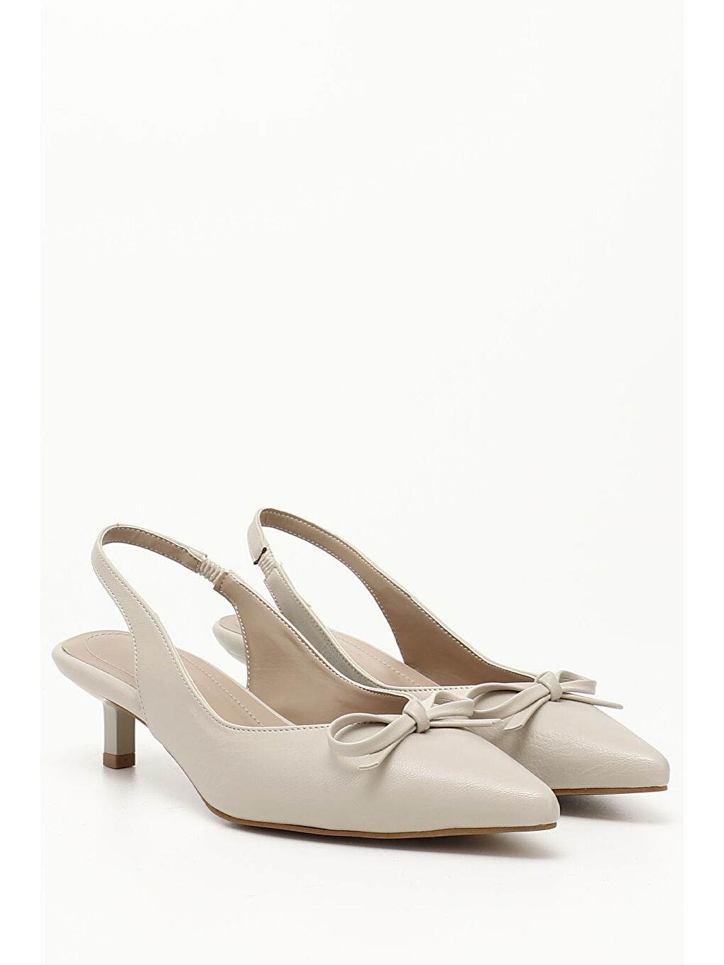 Bej Kadın TEN Kısa İnce Topuklu Fiyonklu Arkası Açık Ayakkabı-1