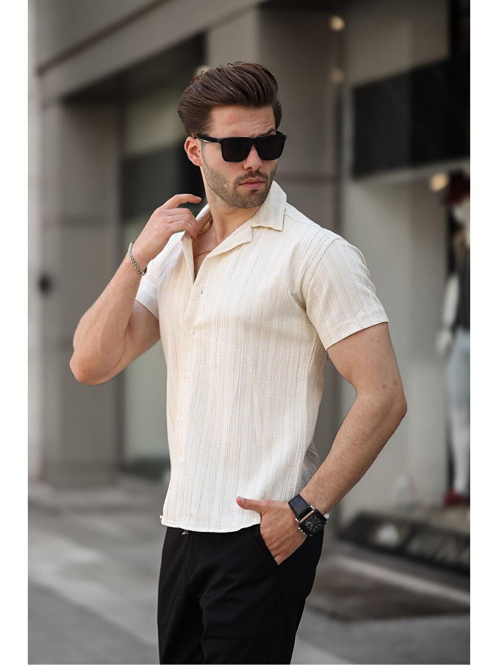 Bej Erkek Yazlık Elastanlı Slim Fit Gömlek Yaka Kısa Kollu Gömlek-2