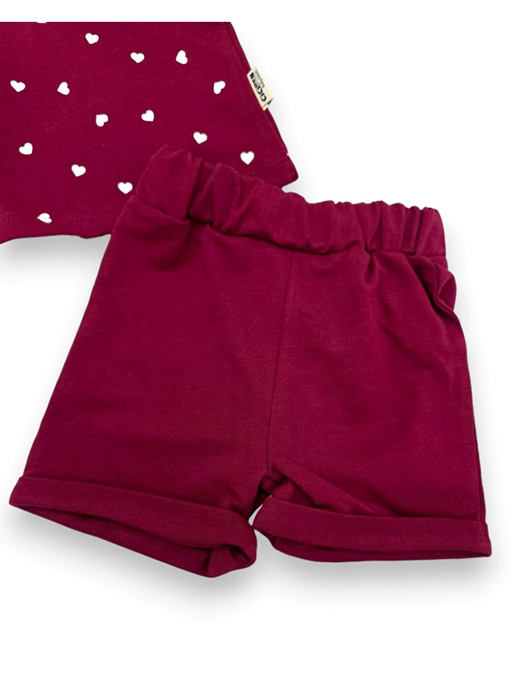 Mürdüm Kız Bebek Kalp Baskılı Bebe Yakalı 6-9-12-18-24 Aylık Bayramlık Şortlu Bebek Takımı-7