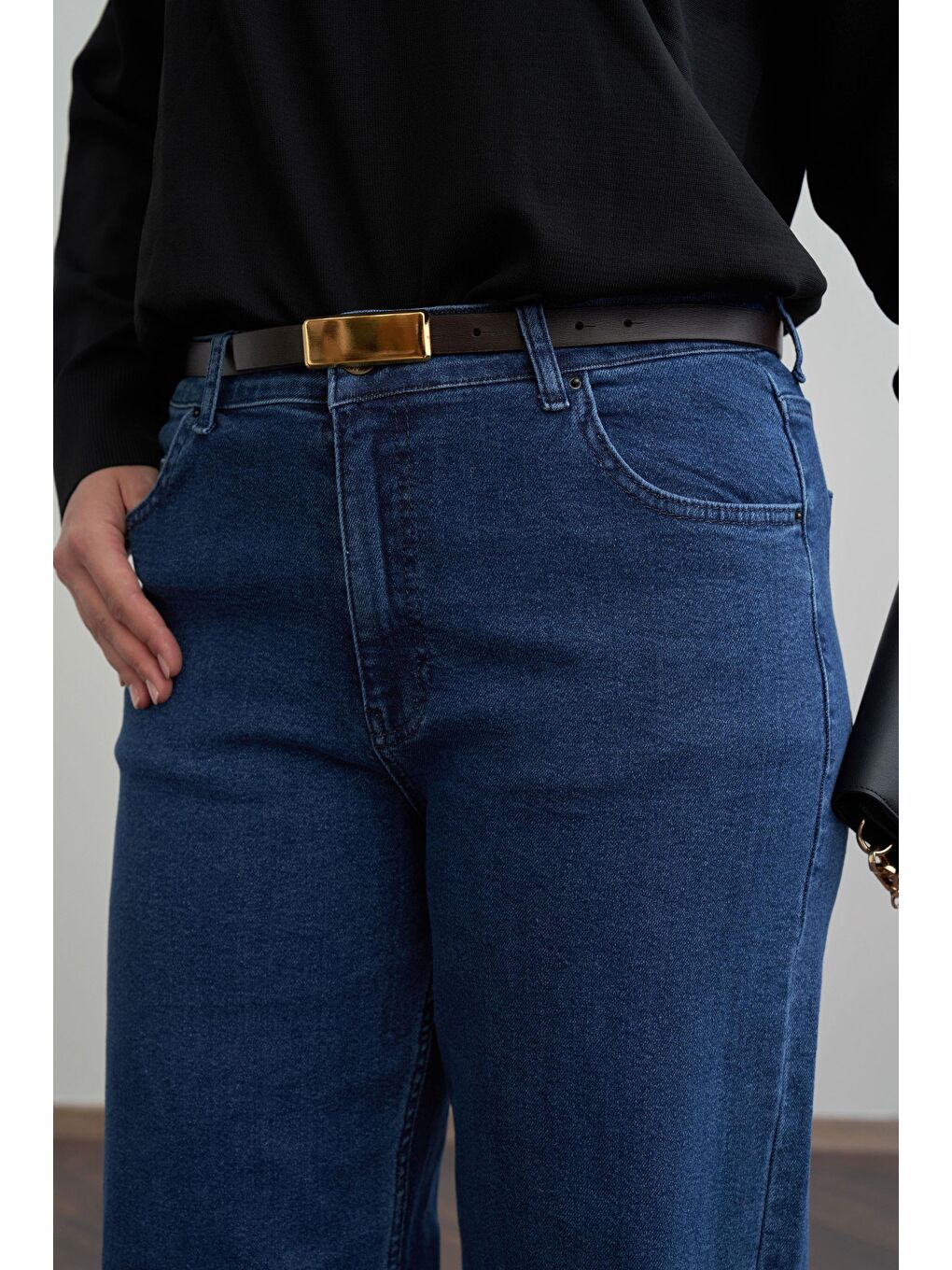 Koyu Mavi-Yüksek Bel Geniş Paça Jean Pantolon-4