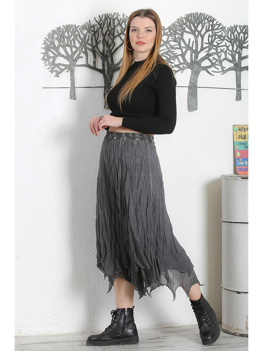 Gri Astarlı Yıkamalı Lastikli Bel Casual Asimetrik Dokuma Etek-3