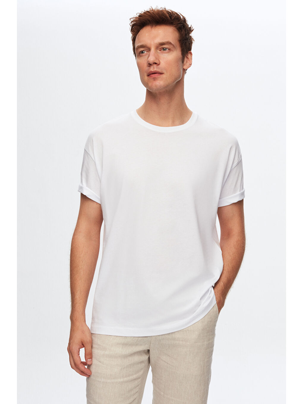 Comfort Beyaz Bisiklet Yaka %100 Pamuk T-Shirt-2