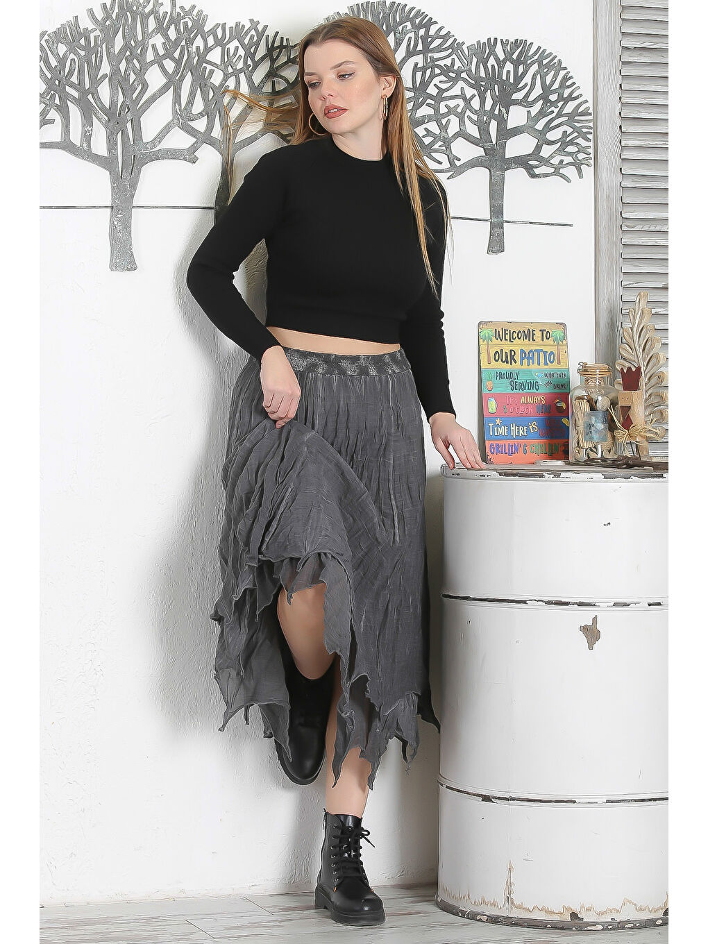 Gri Astarlı Yıkamalı Lastikli Bel Casual Asimetrik Dokuma Etek-4