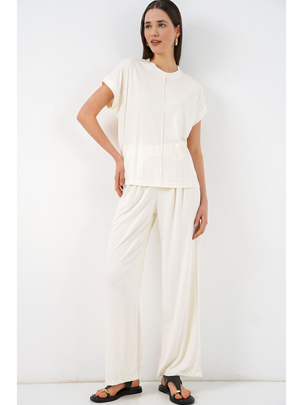 Kadın Örme Bluz Pantolon İkili Takım 30085 - Beyaz-2