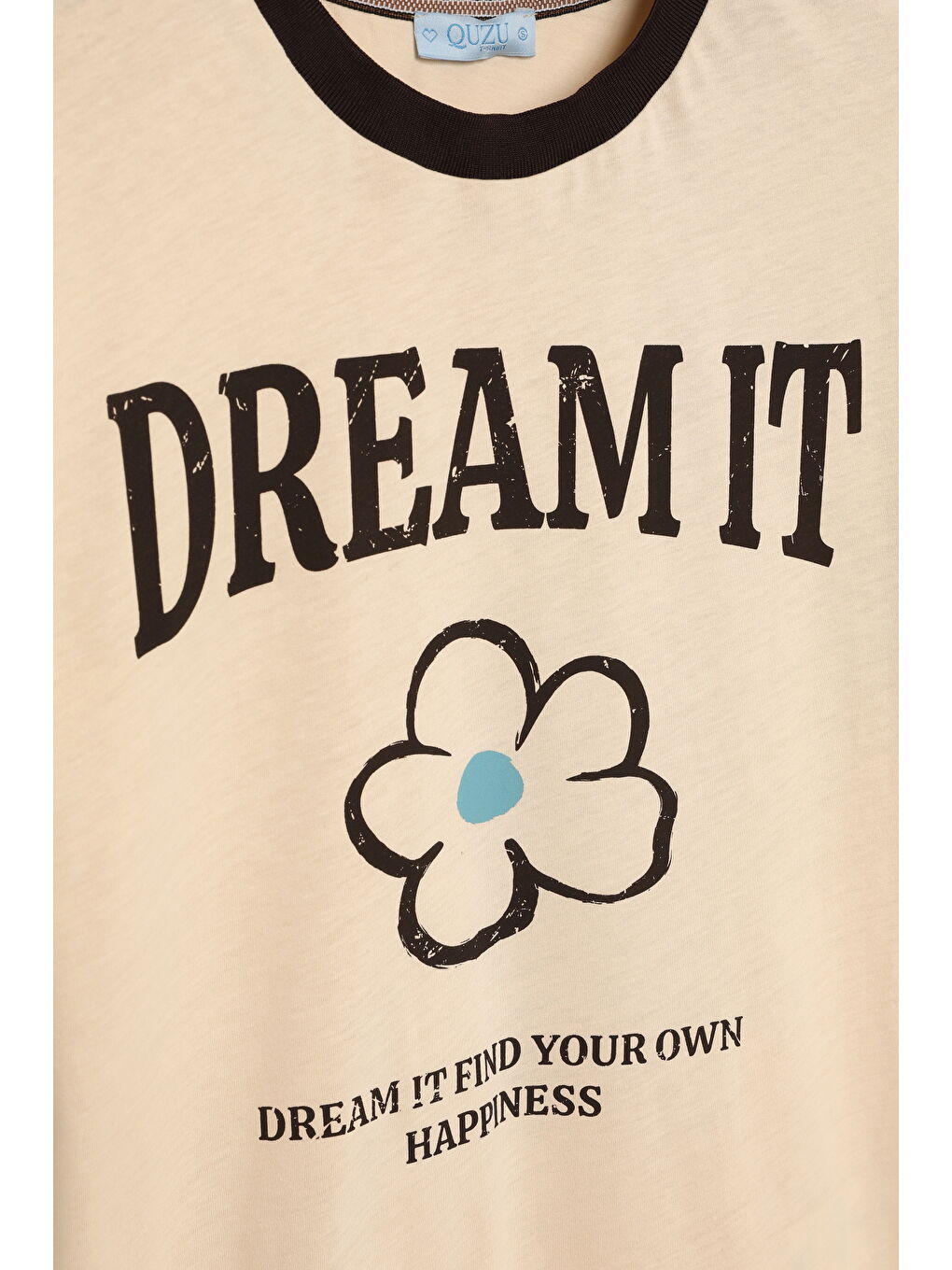 Biye Yakalı Baskılı Tişört Bej-2