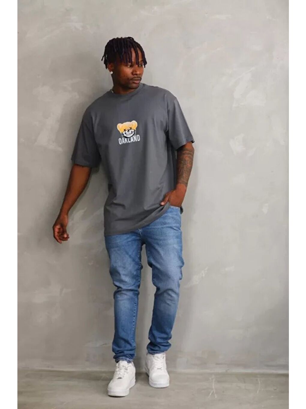 Gri Unisex Baskılı Oversize T-Shirt - Füme-2