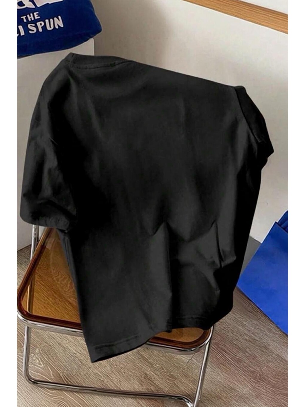 Siyah Bambu Panda Grafikli Cep Detaylı Kısa Kollu Oversize Unisex Bisiklet Yaka Tişört-2