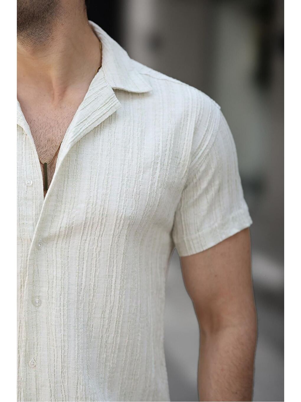 Yeşil Erkek Yazlık Elastanlı Slim Fit Gömlek Yaka Kısa Kollu Gömlek-1