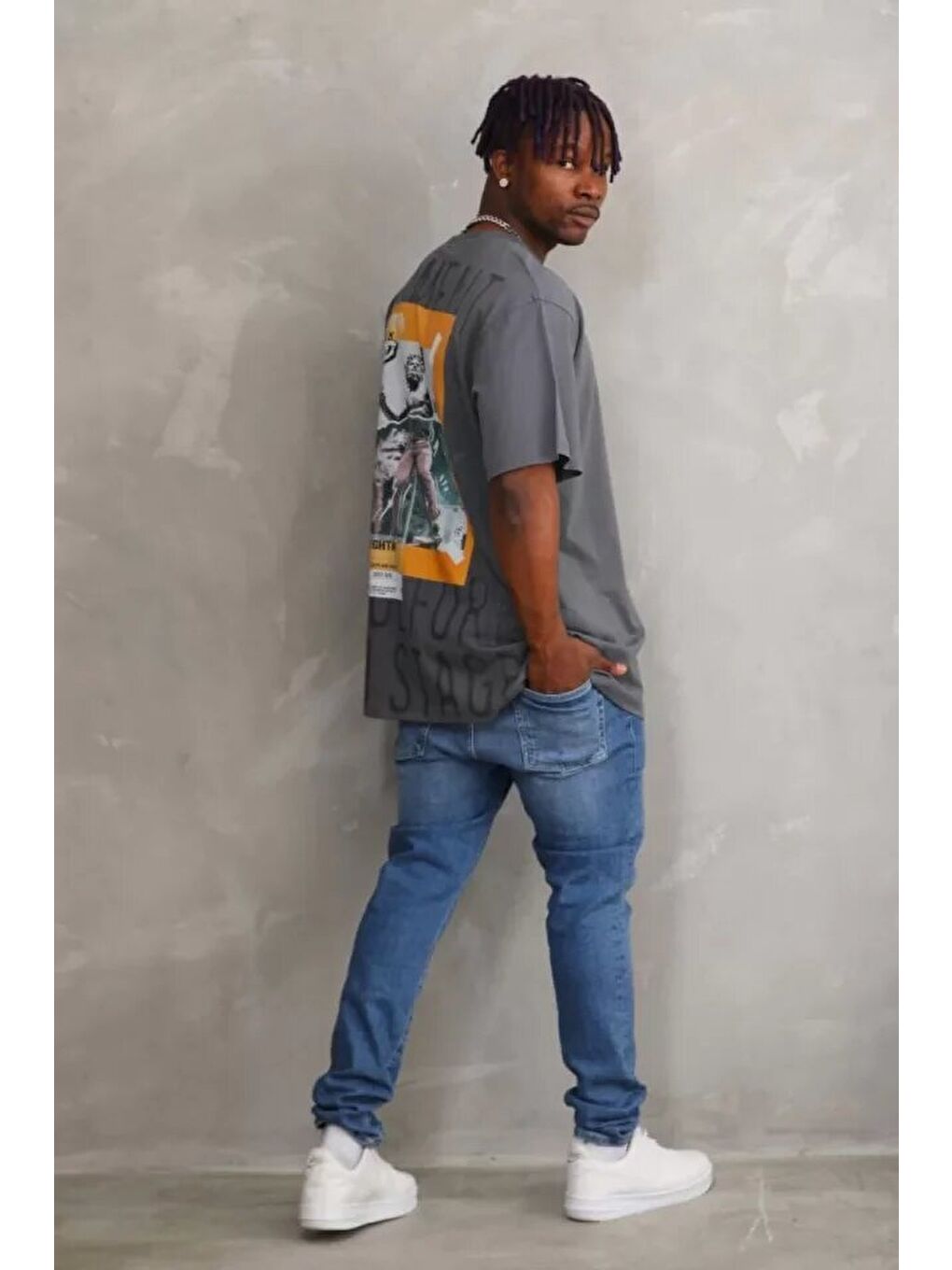 Gri Unisex Baskılı Oversize T-Shirt - Füme-3