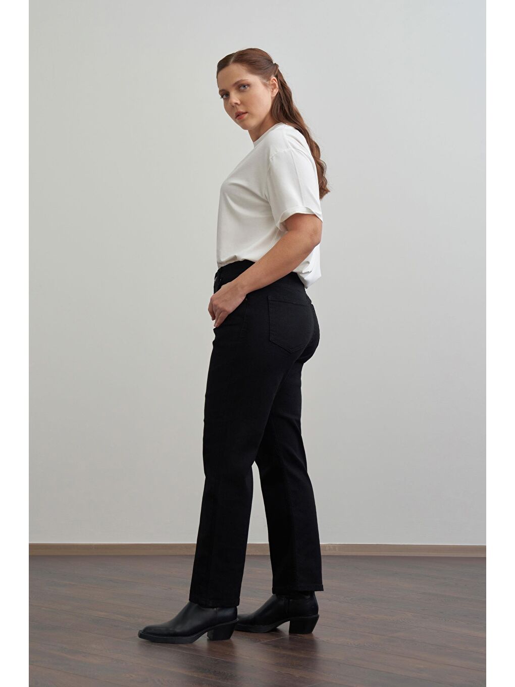 Siyah-Yüksek Bel Boru Paça Jean Pantolon-1