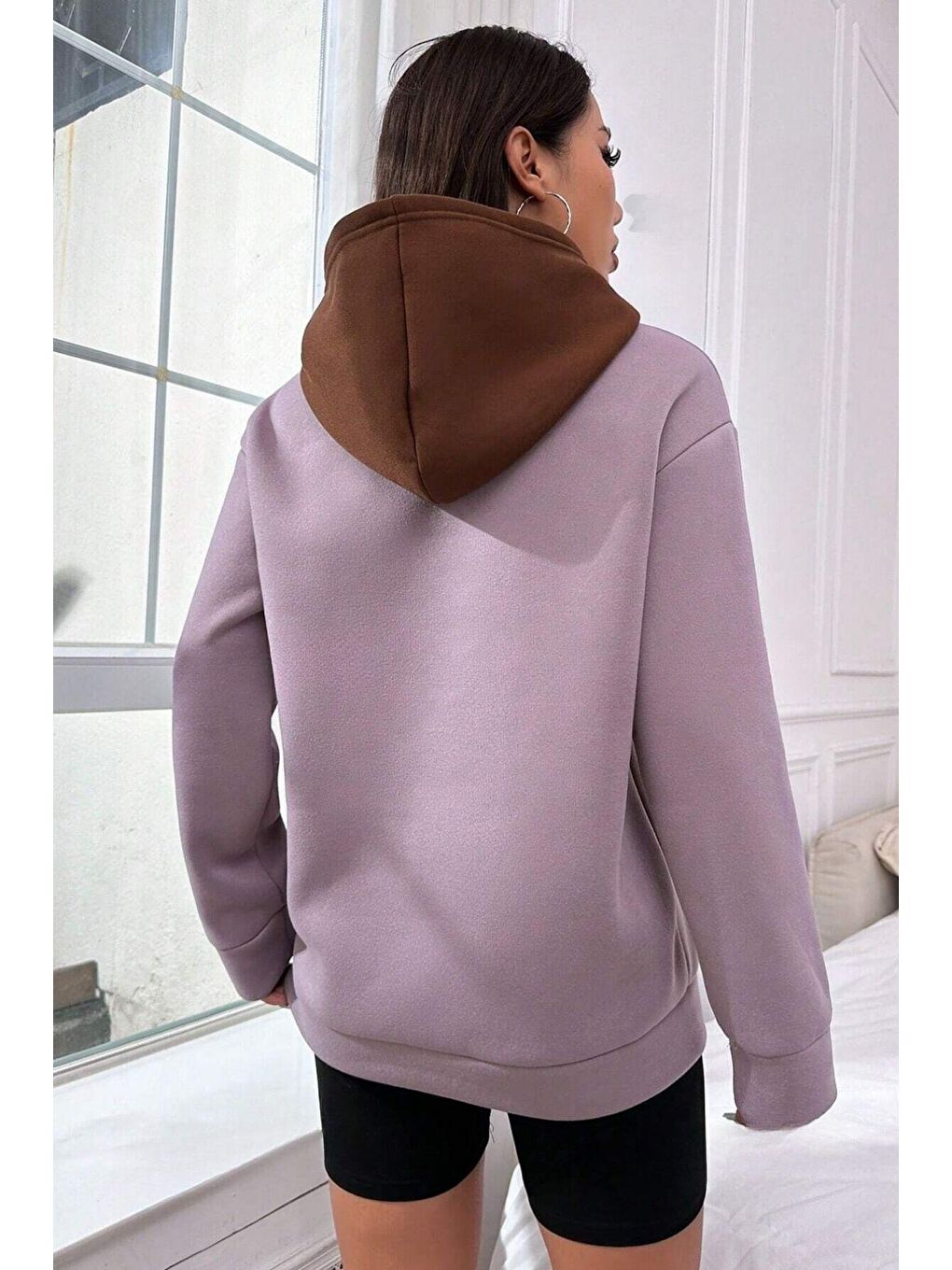 Trendseninle Lila Kadın Lila Düz Kahve Detay Kapüşonlu Oversize Sweatshirt - 1