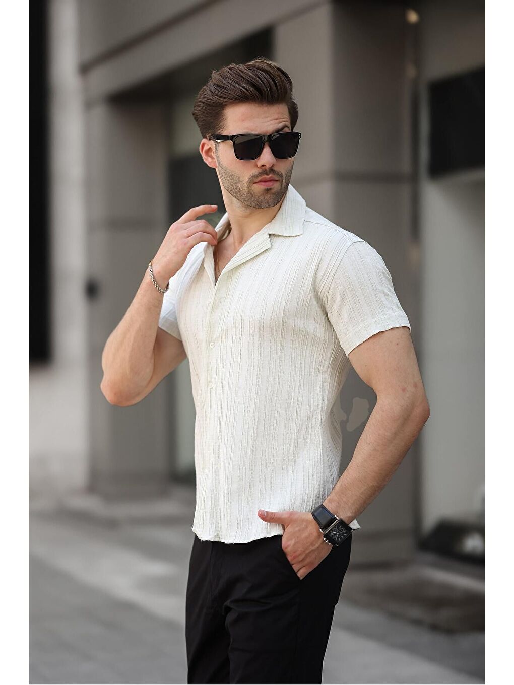 Yeşil Erkek Yazlık Elastanlı Slim Fit Gömlek Yaka Kısa Kollu Gömlek-2