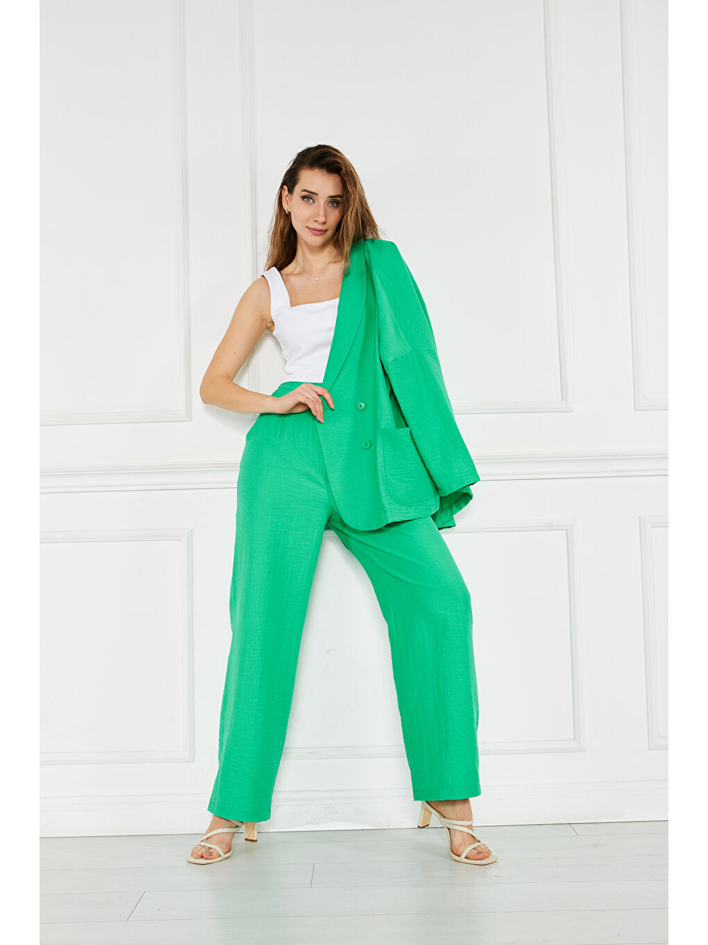 Kadın Oversize Ceket Bol Pantolon Yeşil İkili Takım