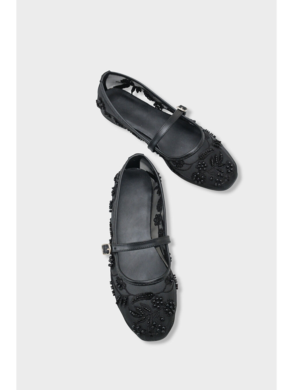 Siyah Mathilde Dantelli Fileli Nakışlı Kadın Babet-3