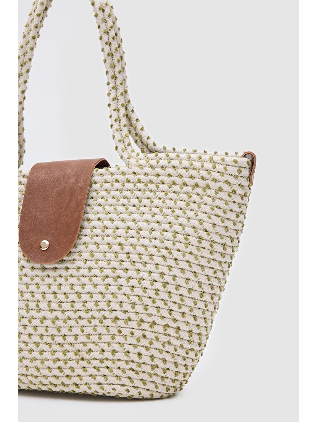 Duffy Kapaklı Handmade Hasır Tote Çanta Haki Yeşil-3